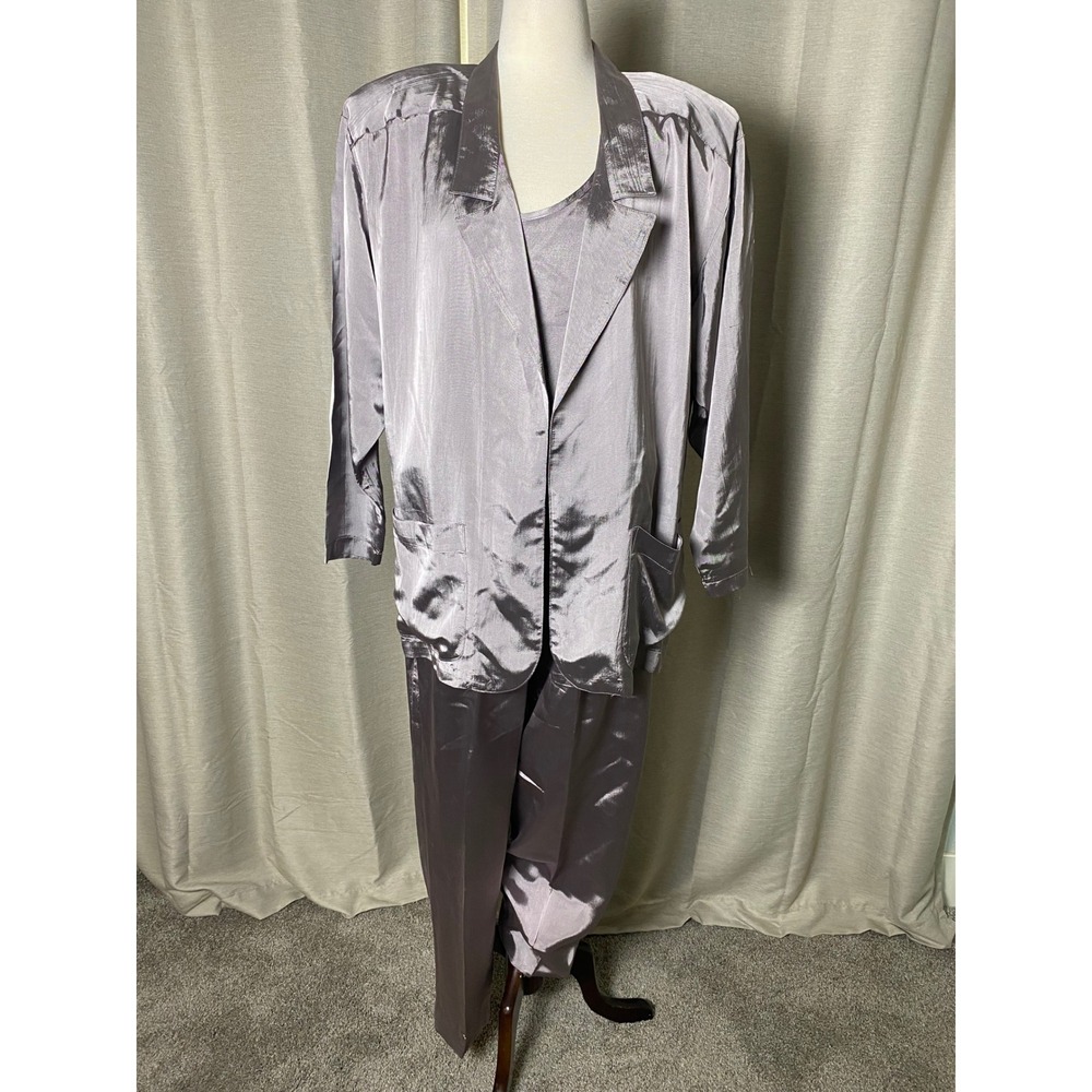 Vintage Michelle Stuart 3 Piece Satin Pant Suit Set Lavender Grey 80s 90s 12